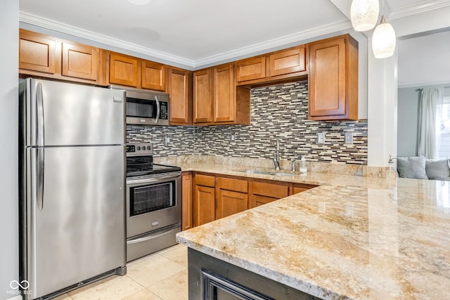 kitchen with backsplash, sink, appliances with stainless steel finishes, light stone countertops, and light tile patterned floors