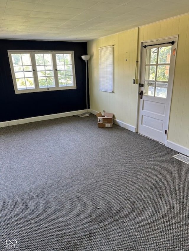 empty room featuring carpet flooring and wood walls