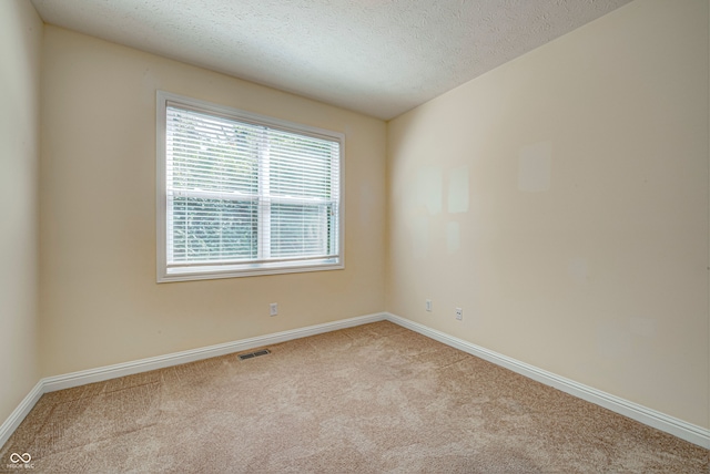 spare room featuring a textured ceiling and light colored carpet