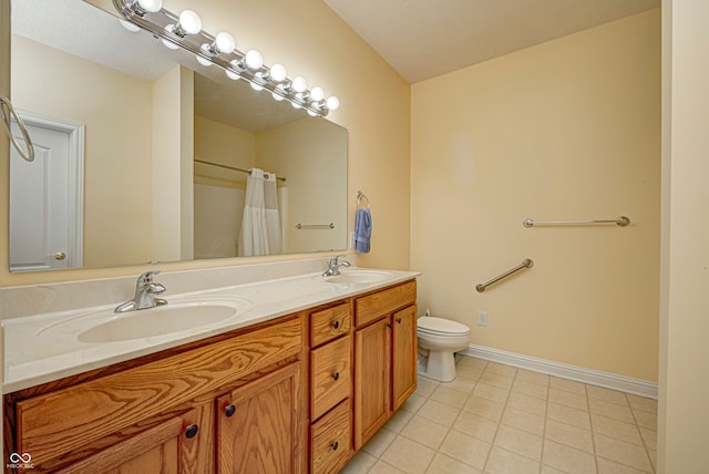 bathroom featuring vanity, toilet, a shower with shower curtain, and tile patterned flooring