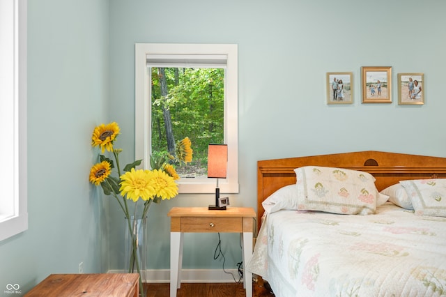 bedroom with hardwood / wood-style flooring and multiple windows