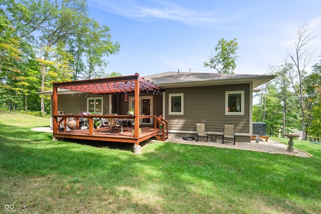 back of house with cooling unit, a pergola, a yard, and a wooden deck