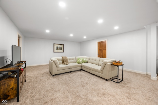 living room featuring light carpet