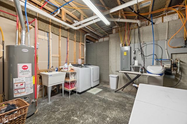 basement with electric panel, independent washer and dryer, and water heater