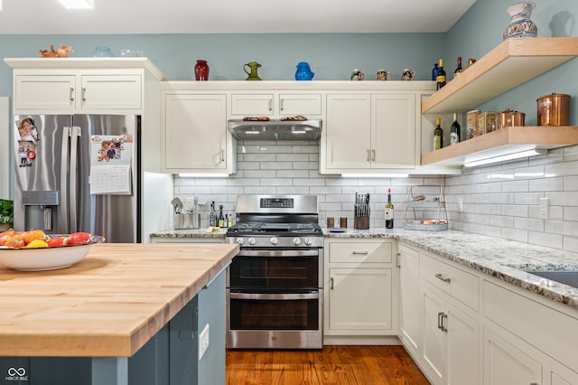 kitchen featuring stainless steel appliances, light stone countertops, wood-type flooring, and tasteful backsplash