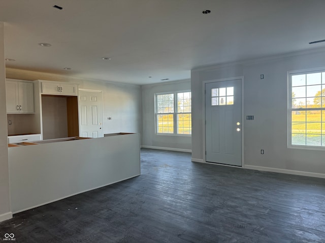 foyer entrance featuring crown molding and dark hardwood / wood-style floors