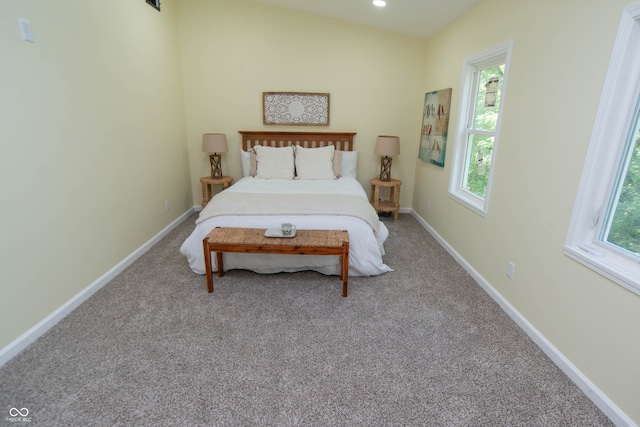 bedroom with carpet floors and vaulted ceiling