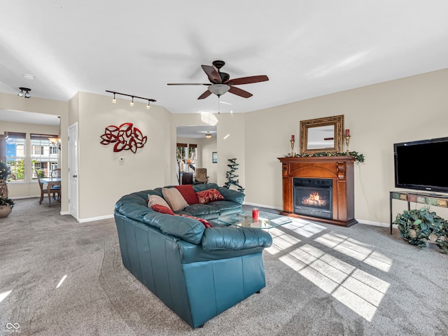 living room with carpet, ceiling fan, and track lighting