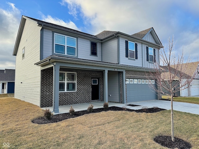 front facade featuring a porch, a garage, and a front yard