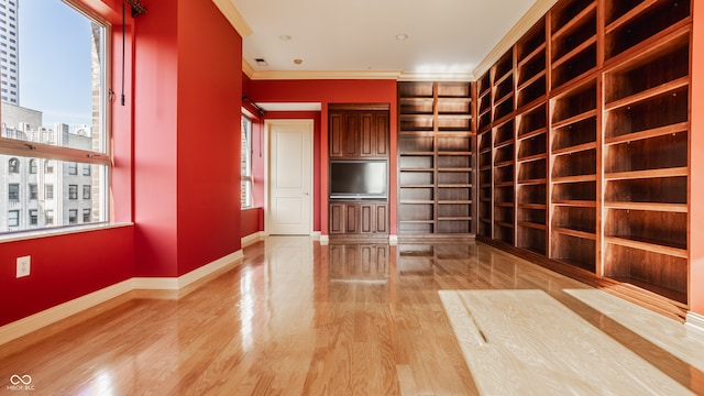 interior space with plenty of natural light, light hardwood / wood-style floors, and ornamental molding