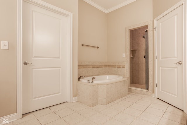 bathroom featuring tile patterned flooring, separate shower and tub, and ornamental molding