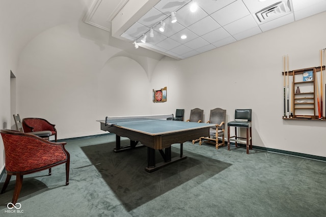 game room with billiards, rail lighting, carpet, and a paneled ceiling