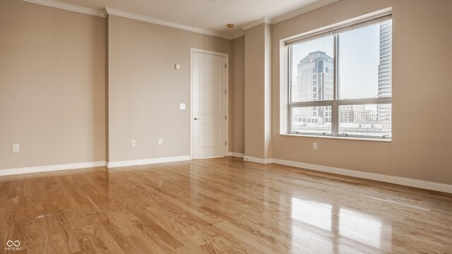 spare room with light hardwood / wood-style flooring and ornamental molding