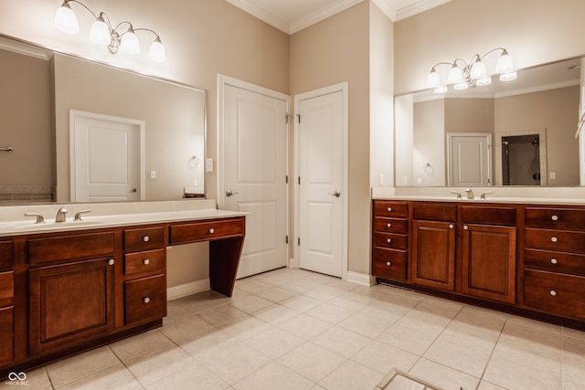 bathroom with tile patterned flooring, vanity, walk in shower, and crown molding