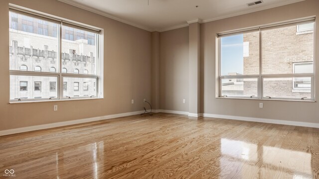 unfurnished room with light wood-type flooring, a wealth of natural light, and ornamental molding