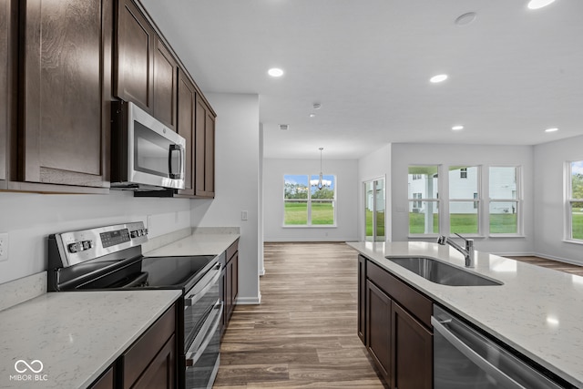 kitchen with stainless steel appliances, plenty of natural light, sink, and hardwood / wood-style flooring