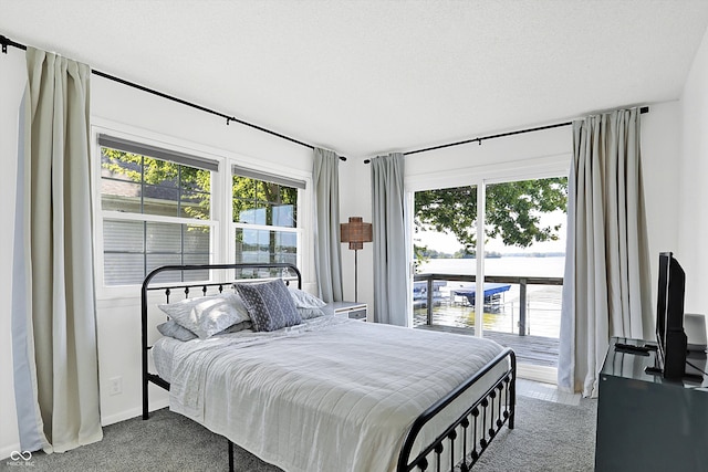 bedroom featuring carpet floors, a textured ceiling, and multiple windows