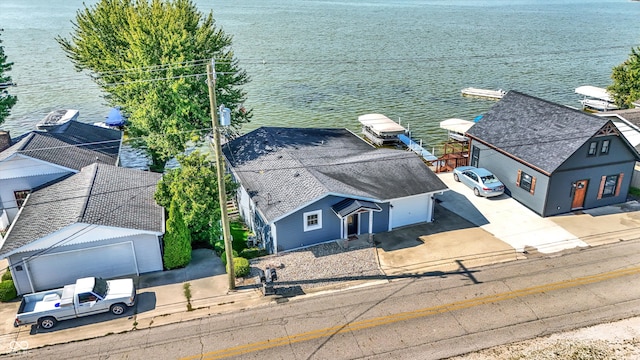 bird's eye view with a water view