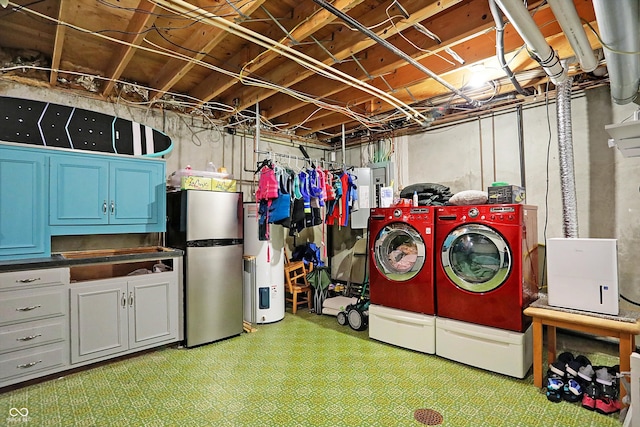 laundry area with cabinets, washing machine and clothes dryer, and electric water heater