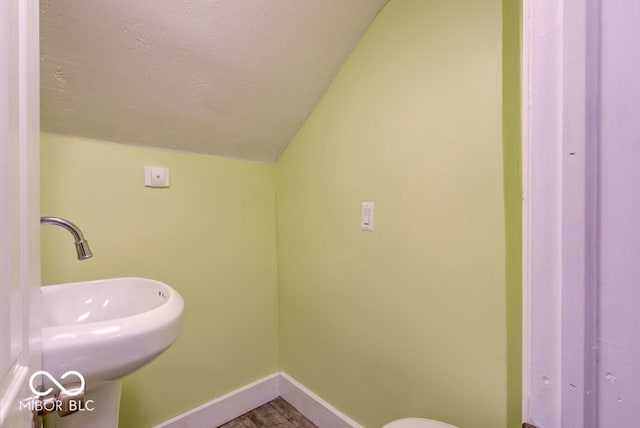 bathroom with lofted ceiling, hardwood / wood-style floors, and sink