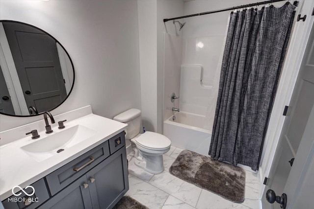 full bath featuring shower / bath combo, marble finish floor, vanity, and toilet