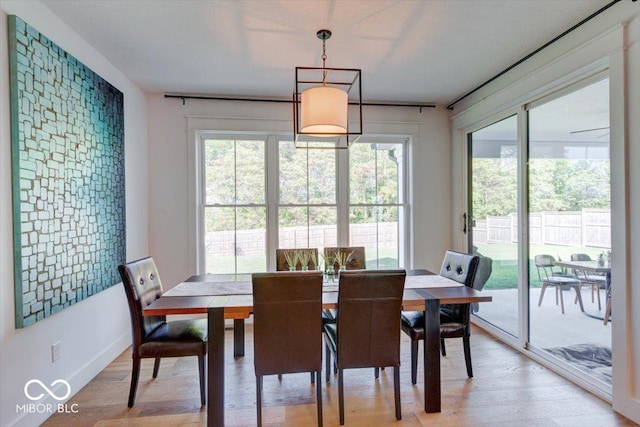 dining room with light wood finished floors and baseboards