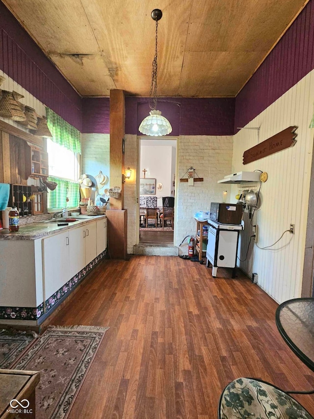 kitchen featuring wooden walls, dark wood-type flooring, sink, brick wall, and hanging light fixtures