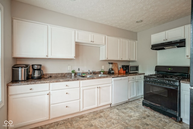 kitchen featuring a textured ceiling, white dishwasher, black range with gas cooktop, sink, and white cabinetry