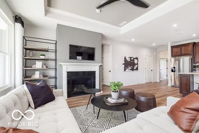 living room featuring ceiling fan, a raised ceiling, and light hardwood / wood-style floors