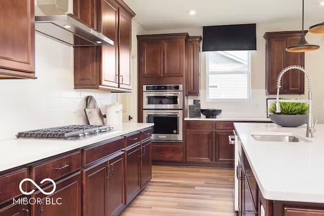 kitchen featuring appliances with stainless steel finishes, ventilation hood, light wood-type flooring, decorative light fixtures, and sink