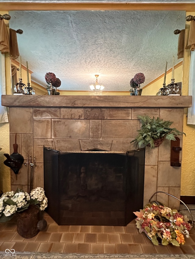 room details featuring a textured ceiling and tile patterned flooring