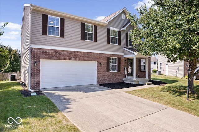 view of front of house with central AC, a garage, and a front lawn