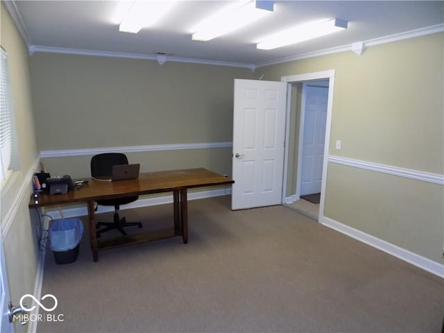 carpeted office space with crown molding