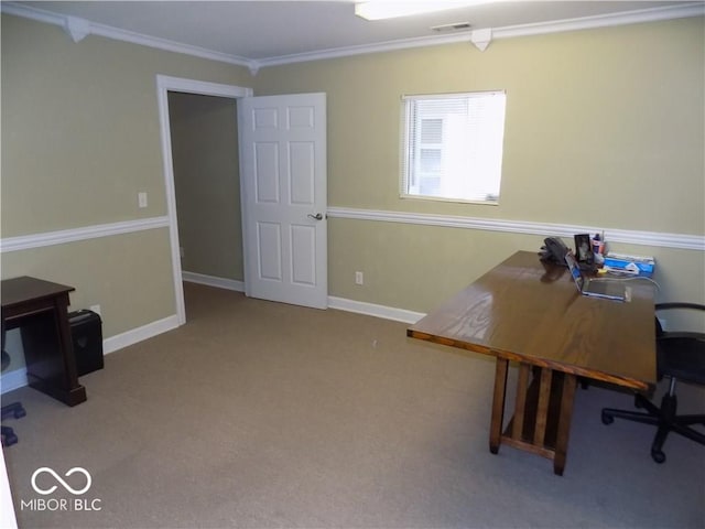 office area with crown molding and light colored carpet