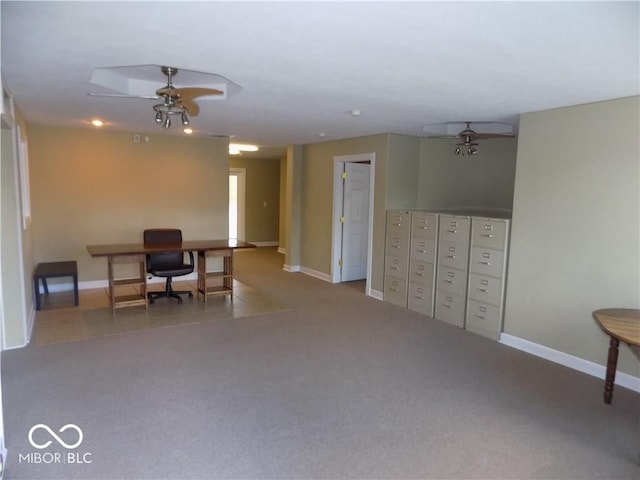 interior space with ceiling fan and carpet floors