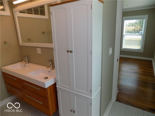 bathroom with ornamental molding, vanity, and wood-type flooring