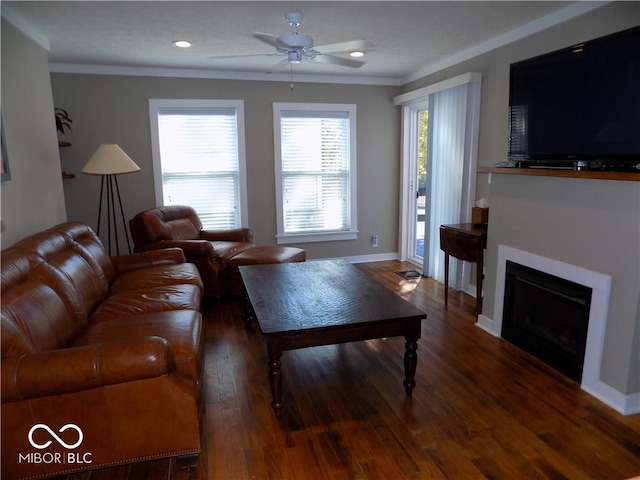 living room with ceiling fan, dark wood-type flooring, and crown molding