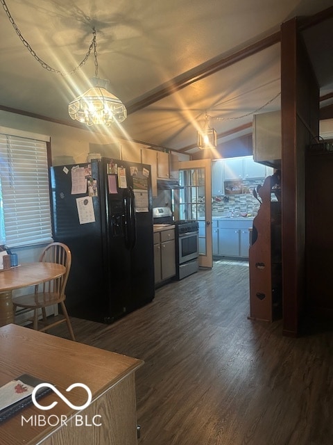 kitchen with stainless steel range oven, dark hardwood / wood-style flooring, a notable chandelier, black refrigerator with ice dispenser, and decorative backsplash