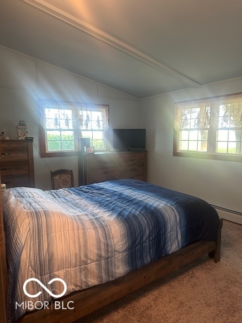 carpeted bedroom with a baseboard heating unit and vaulted ceiling