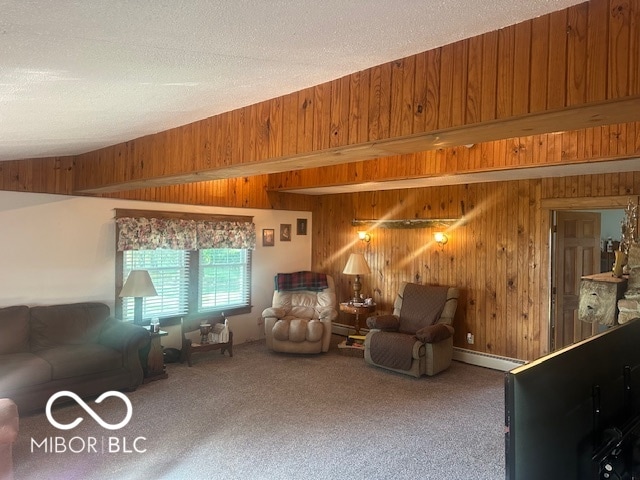 carpeted living room featuring a textured ceiling, baseboard heating, and wood walls