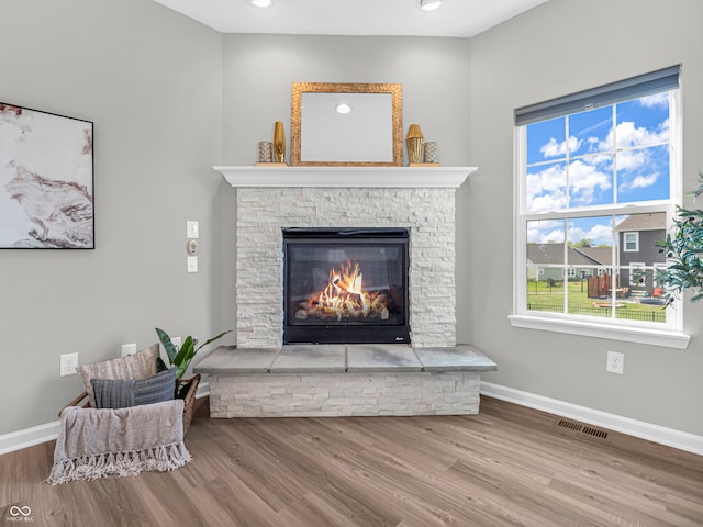 interior space with a stone fireplace and hardwood / wood-style floors