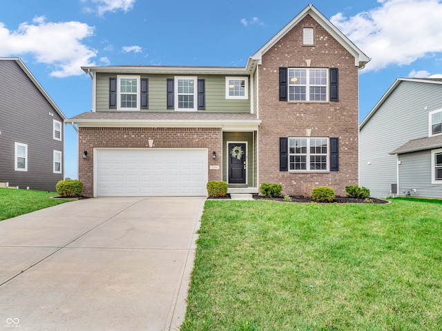 view of property featuring a front yard and a garage