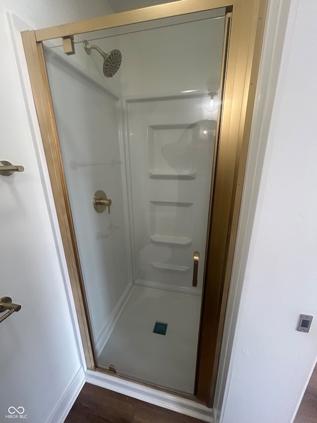 bathroom featuring walk in shower and wood-type flooring