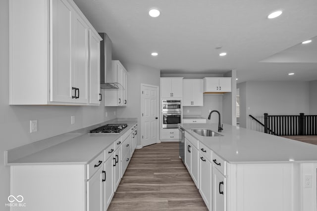 kitchen featuring white cabinetry, wall chimney range hood, appliances with stainless steel finishes, sink, and a kitchen island with sink