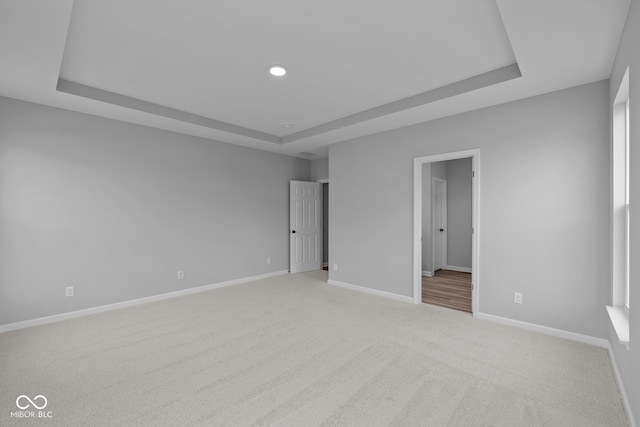 unfurnished bedroom with light carpet and a raised ceiling