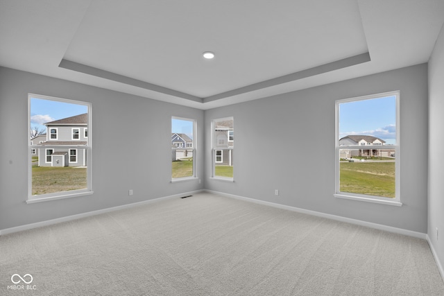 empty room with a tray ceiling, light colored carpet, and plenty of natural light