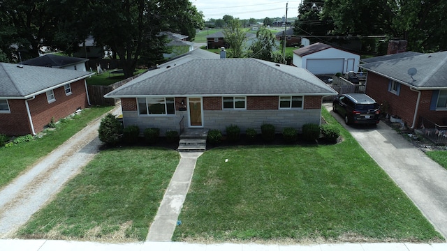 single story home with a front yard, stone siding, roof with shingles, and driveway