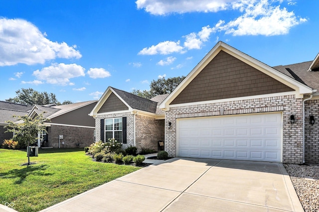 view of front facade featuring a garage, concrete driveway, brick siding, and a front yard