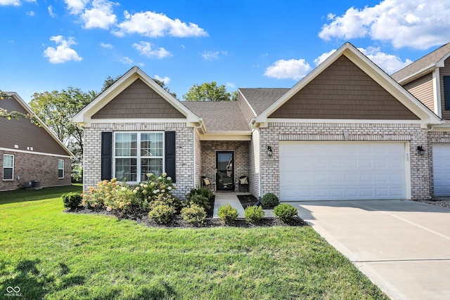 view of front facade featuring a garage, brick siding, concrete driveway, roof with shingles, and a front lawn