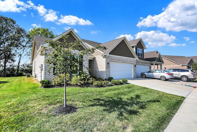 view of front facade featuring concrete driveway, a front lawn, an attached garage, and brick siding